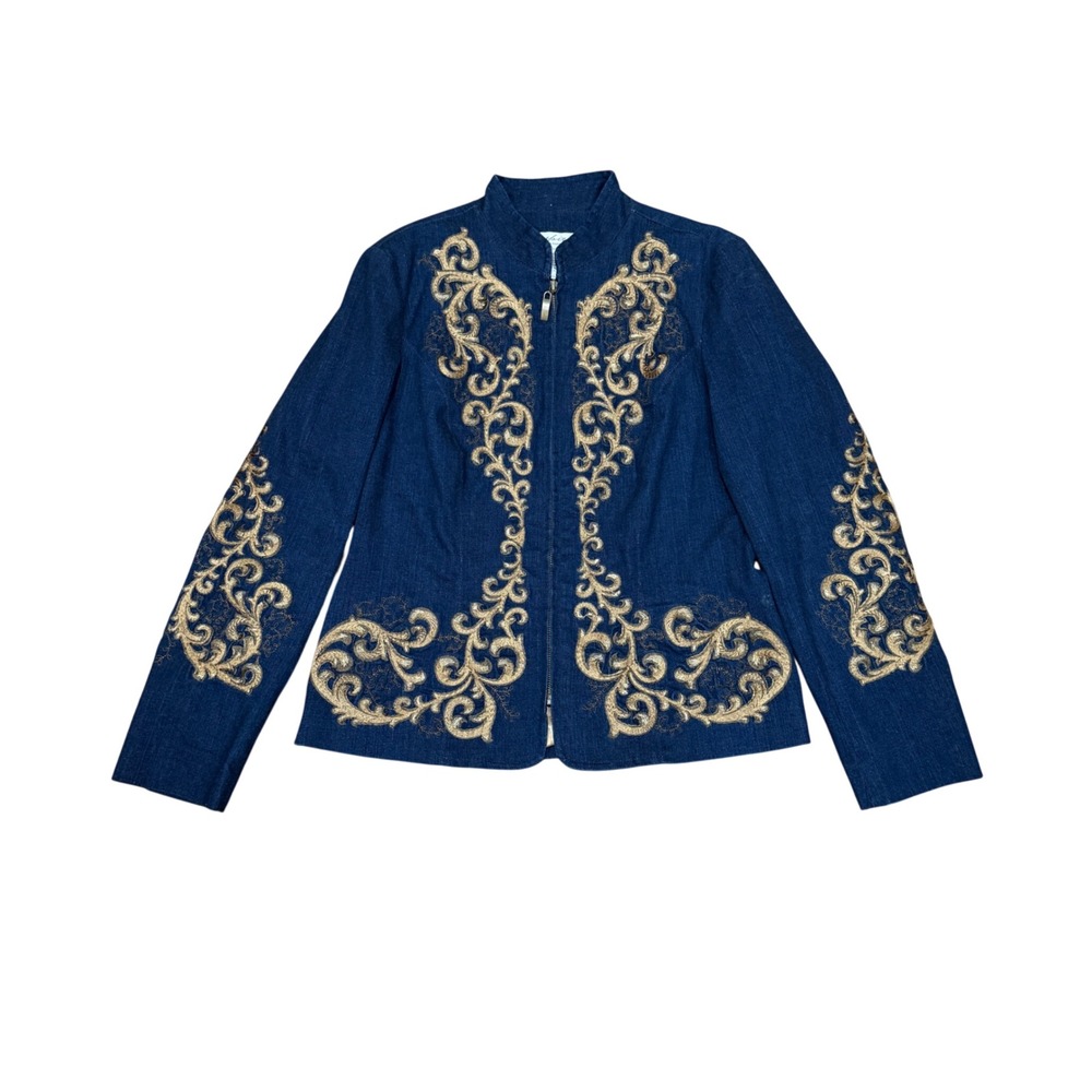 Coldwater Creek Spirit Women Denim Jacket Gold Floral Embroidery Blue Zip Sz 8